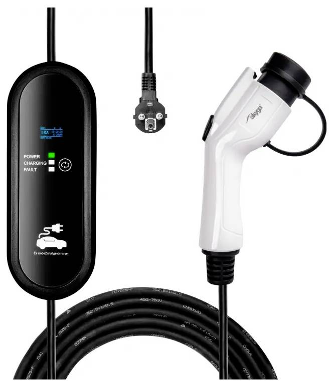 Nabíjecí kabel EV s ovládací skříní pro elektrická vozidla; funkce zahrnují indikátory napájení, nabíjení a poruch; zobrazena kompatibilní koncovka zásuvky.