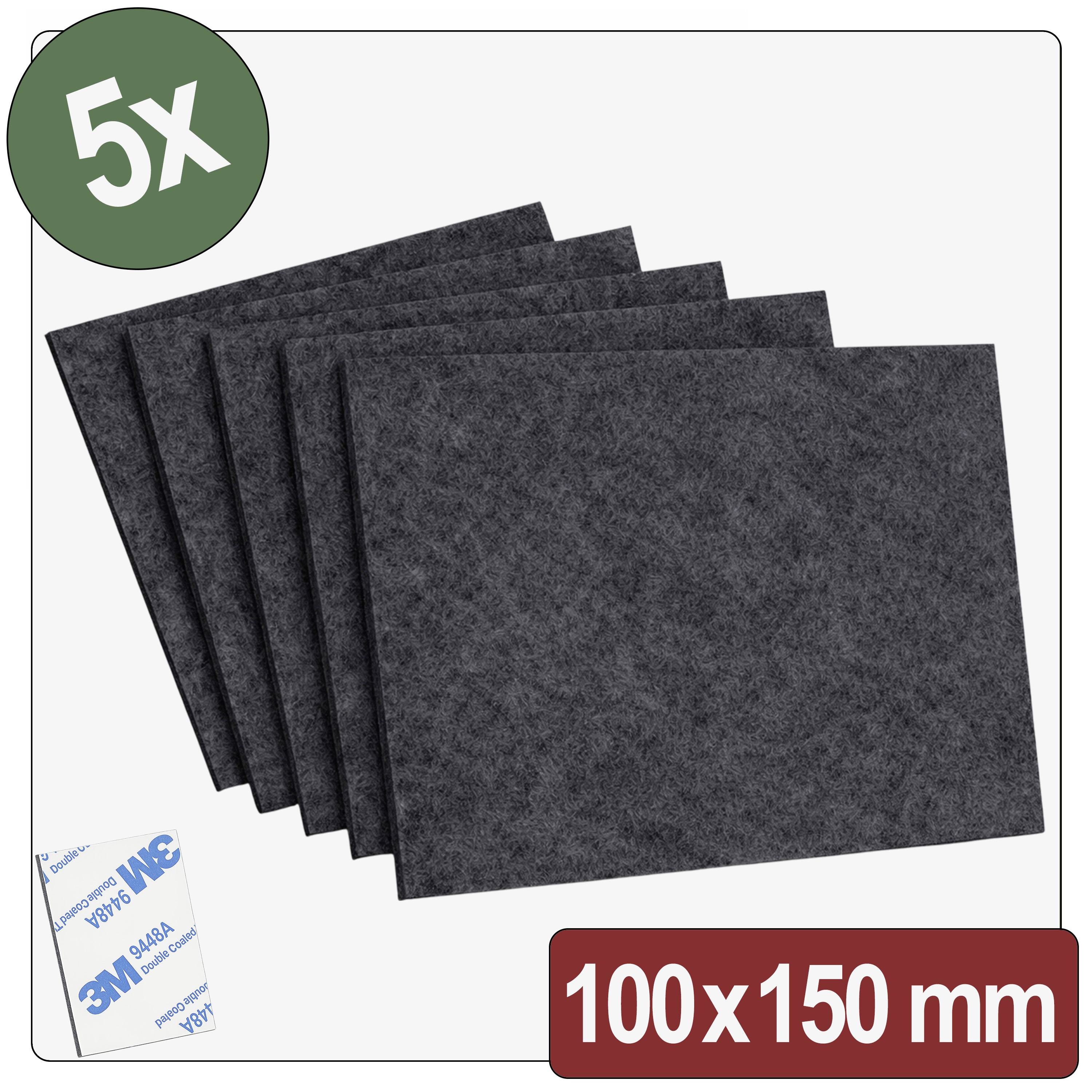 Pět kusů černých obdélníkových podložek, každá o rozměrech 100x150 mm, zobrazené s lepicí vrstvou od společnosti 3M.