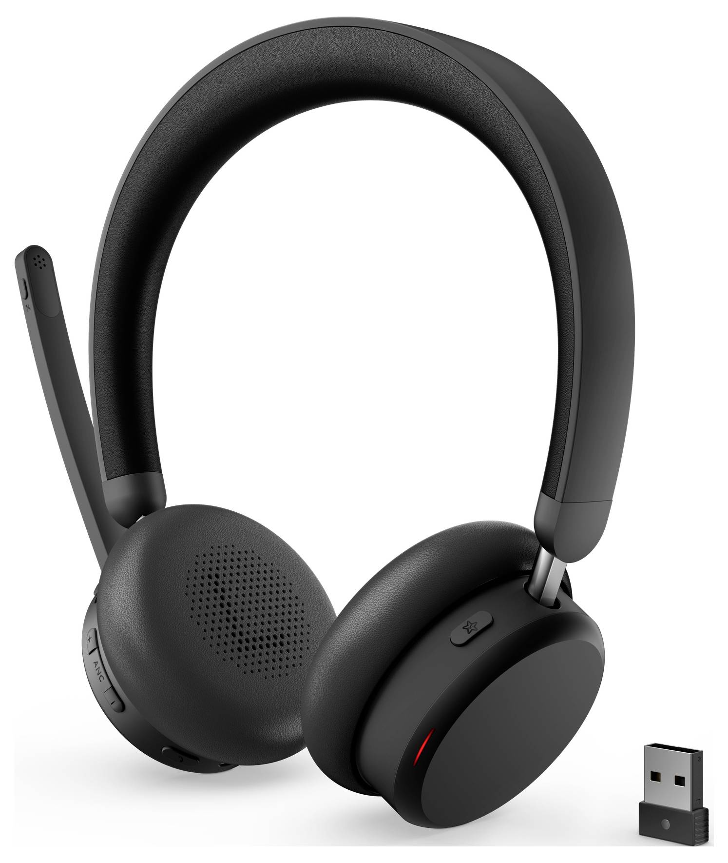 Černý bezdrátový headset s mikrofonním ramenem, polstrovanými náušníky a USB donglem pro připojení, určený pro komunikaci nebo audio.