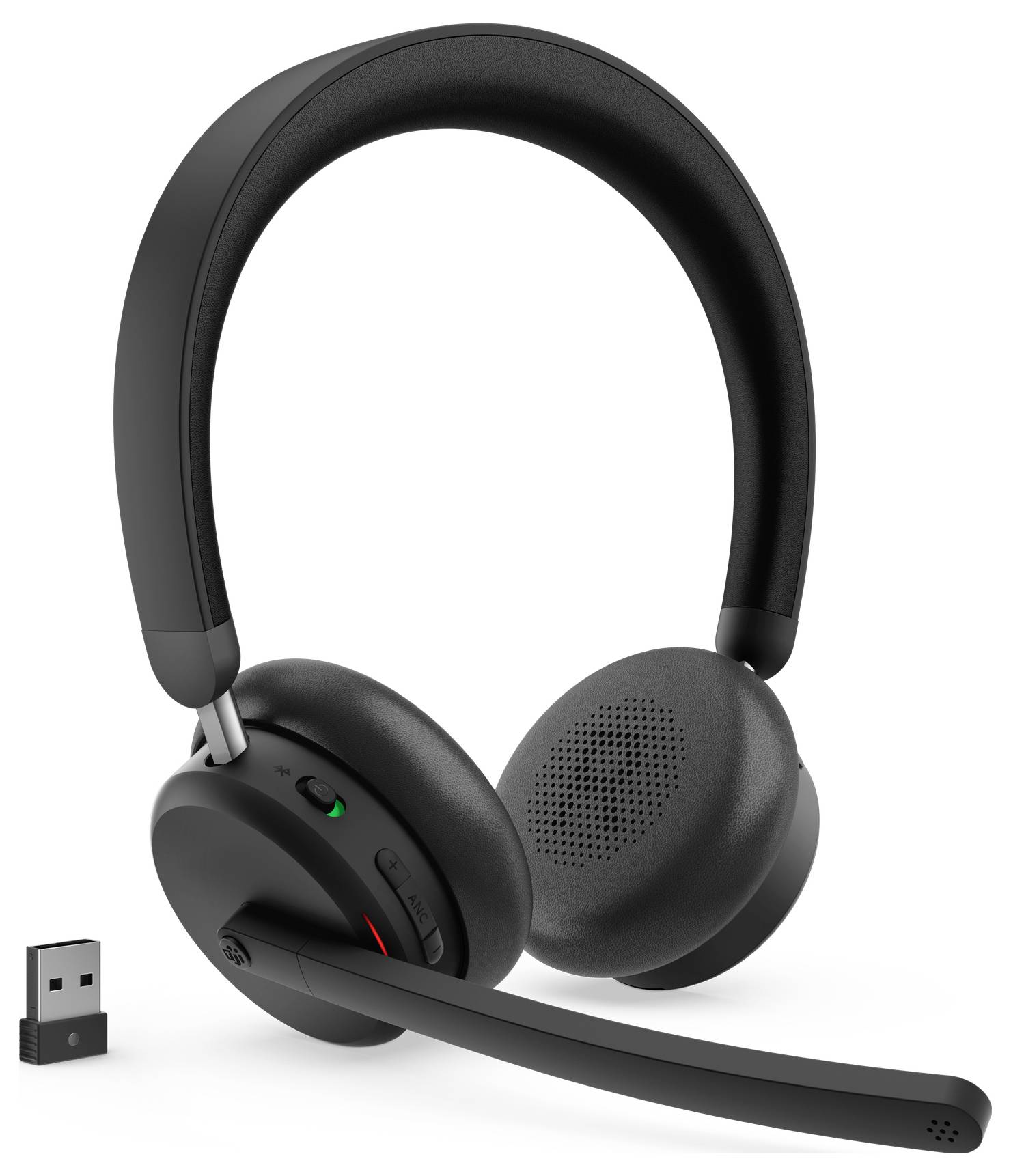 Sluchátka s polstovanými černými náušnicemi, flexibilní mikrofonem na ramienu a malým USB dongle pro bezdrátové připojení.