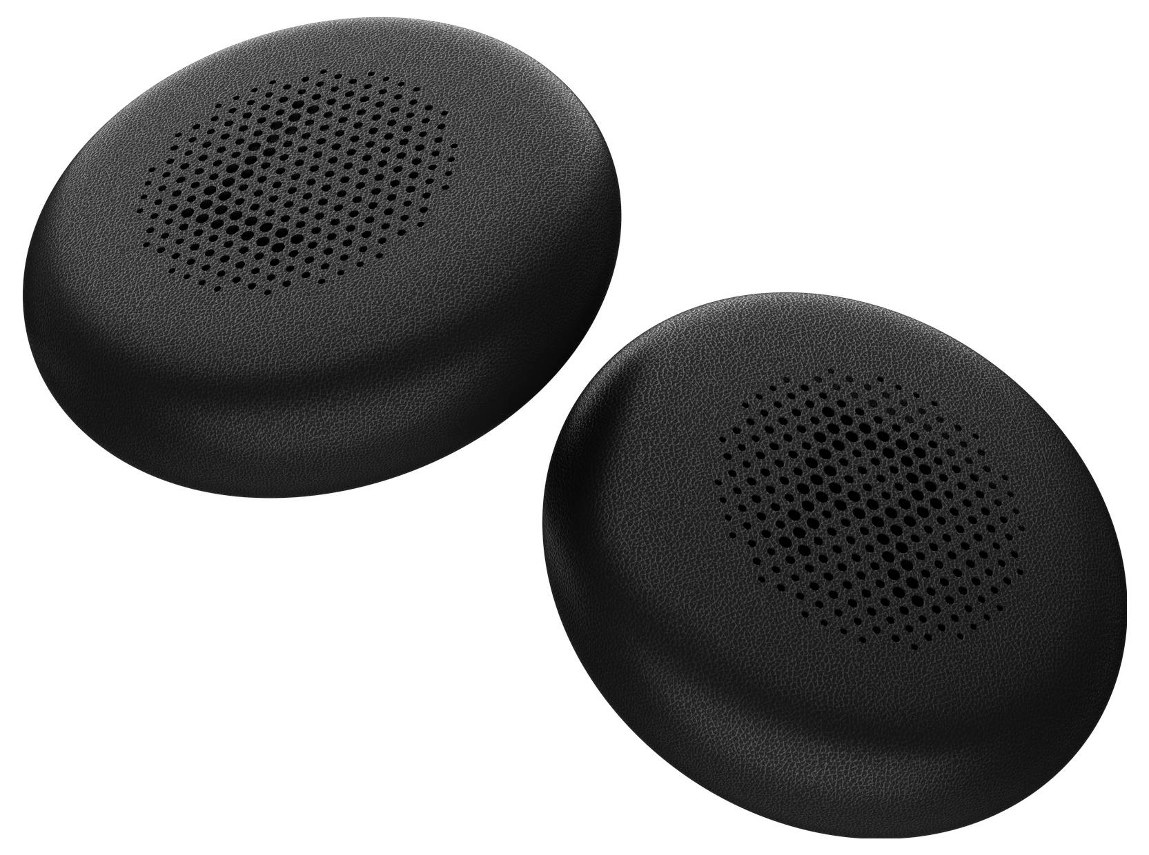 Dvě černé, kulaté podložky reproduktoru s perforovanými vrcholy, používané jako naušnice pro audio sluchátka.