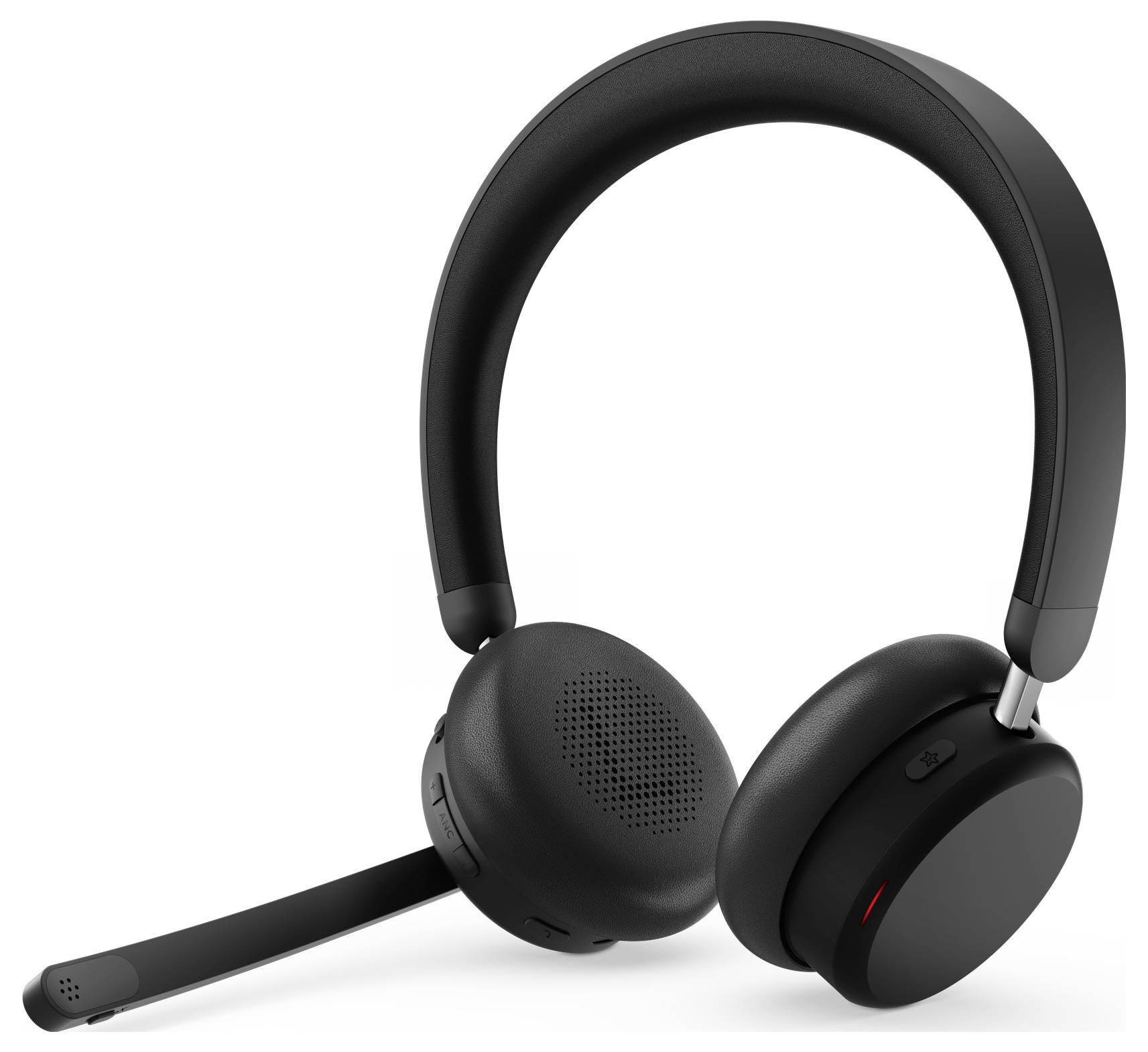 Černá bezdrátová sluchátka přes uši s technologií Bluetooth, mikrofonem na výsuvném raménku, určená pro hovory i poslech hudby.