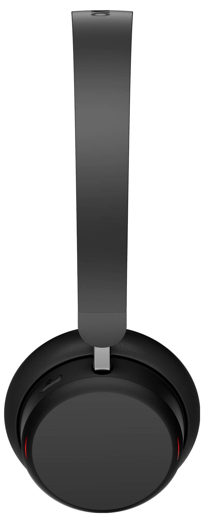 Černá náušluchátka přes uši s elegantním, minimalistickým designem zobrazená zeshora, ukazující hlavnici a sluchátka.