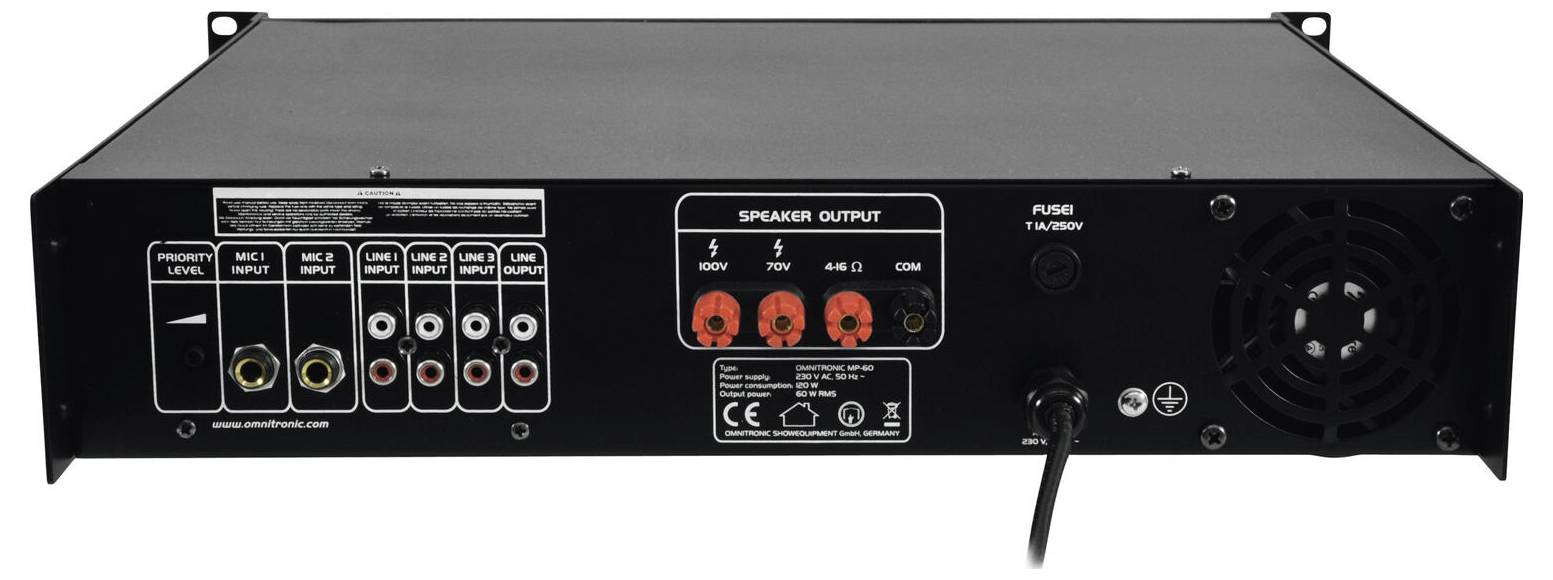 Zadní pohled na audio zesilovač zobrazující vstupní a výstupní porty, včetně mikrofonních vstupů, RCA zásuvek, výstupů reproduktorů a podrobností pojistky.