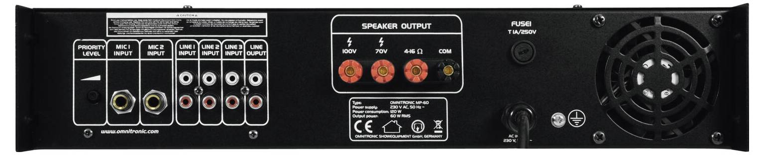 Zadní panel audio zesilovače s více vstupními/výstupními porty označenými pro reproduktory, napájení a audio kanály; obsahuje ventilátor.