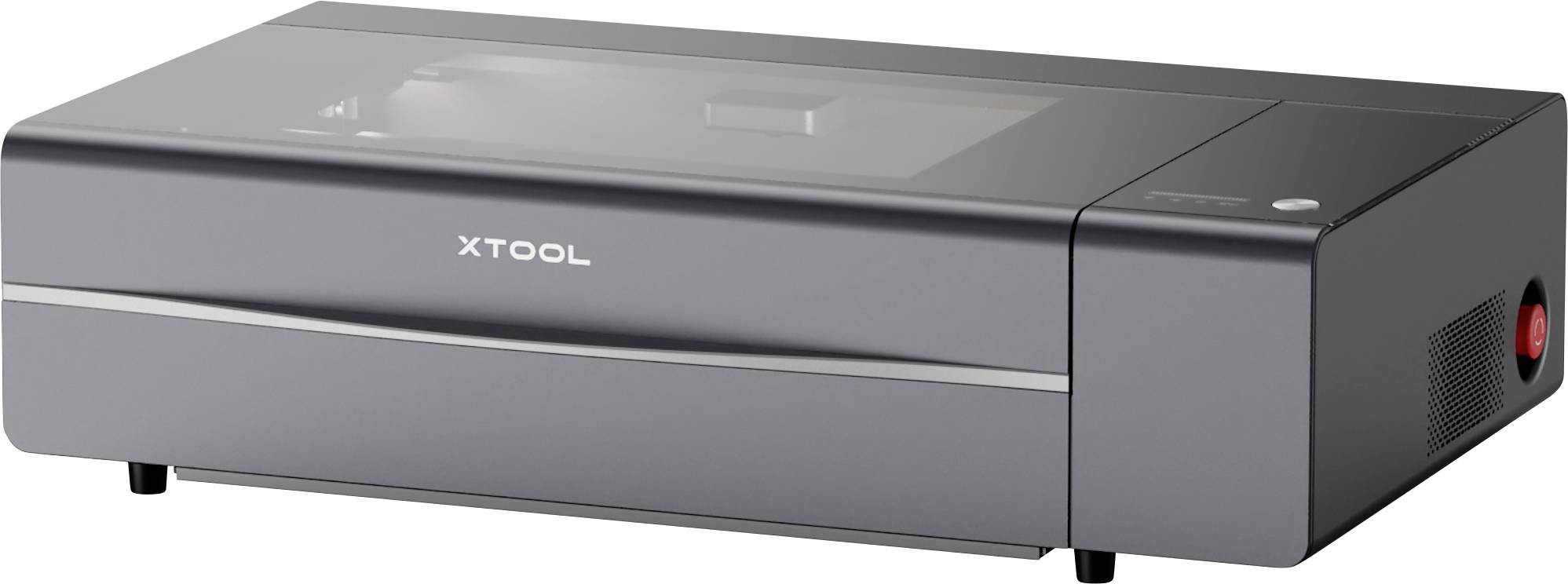 Šedý stolní laserový gravírovací stroj xTool s víkem a přední zásuvkou, zobrazený v bočním pohledu.