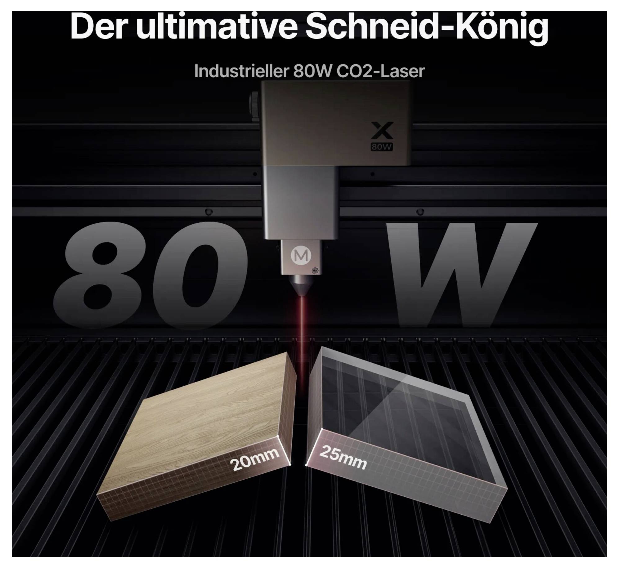 Propagační obrázek průmyslového 80W CO2 laseru řezajícího bloky dřeva a akrylu, s německým textem „Der ultimative Schneid-König" a „Industrieller 80W CO2-Laser".