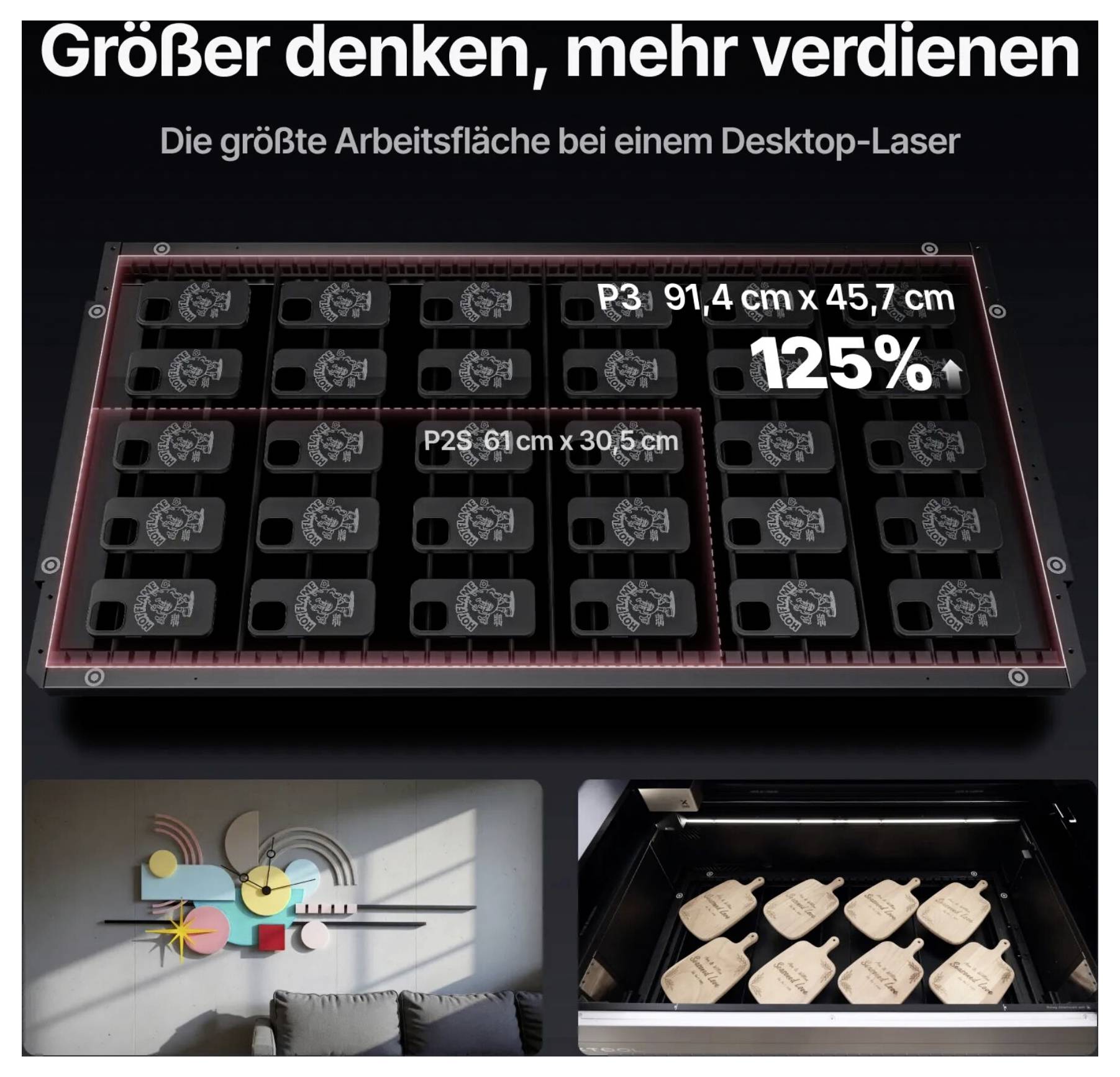 Inzerát na stolní laser s větší pracovní plochou: „myslet v širších souvislostech, vydělávat více", P3 91,4 x 45,7 cm, 125%, ve srovnání s P2S 61 x 30,5 cm.