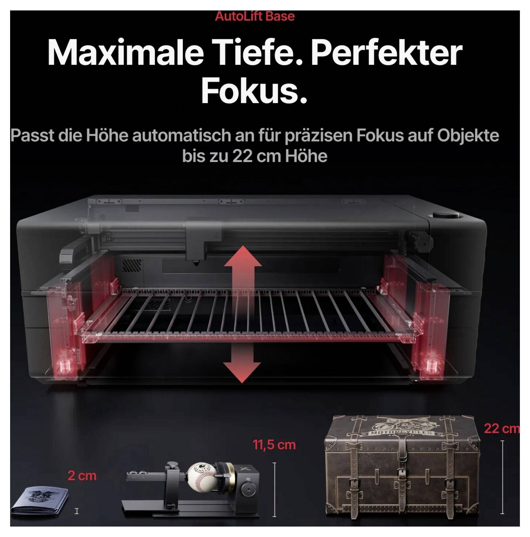 Propagační grafika 'AutoLift Base' zobrazující laserový stroj s automatickou regulací výšky pro přesné zaostření na předměty vysoké až 22 cm, s příklady velikostí označenými 2 cm, 11,5 cm a 22 cm.
