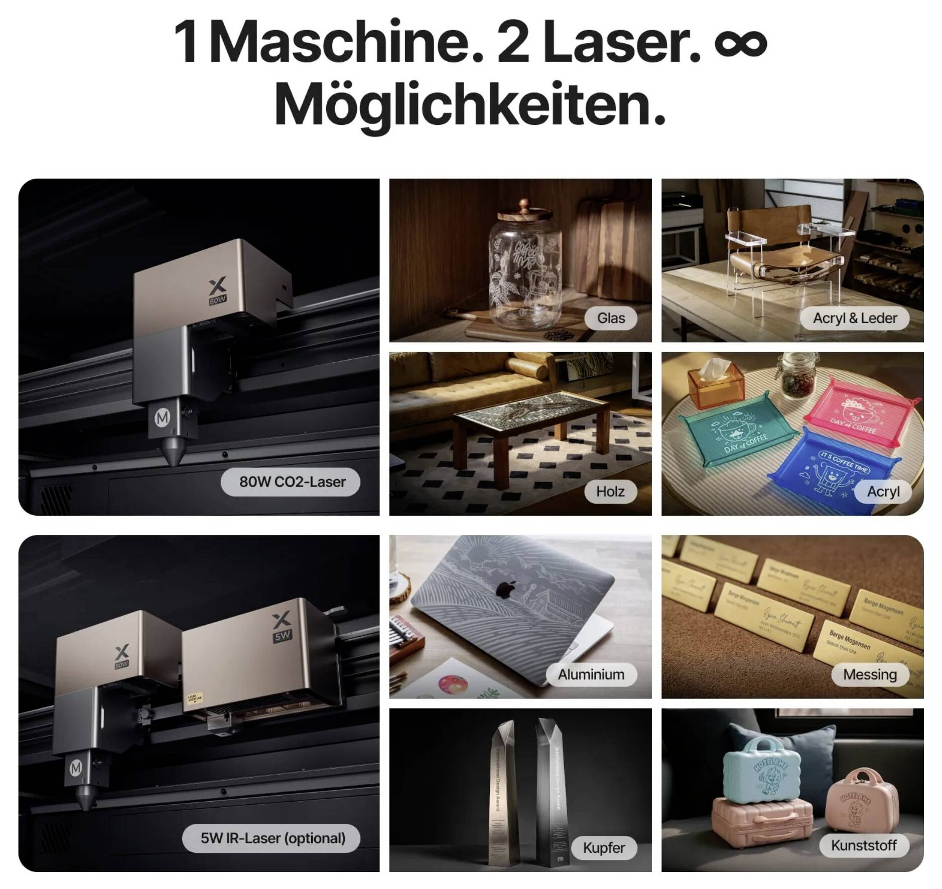 Propagační grafika ukazující laserový stroj a ukázkové materiály, které lze vyrýt nebo řezat: sklo, akryl, dřevo, hliník, mosaz, měď, kůži a plast.