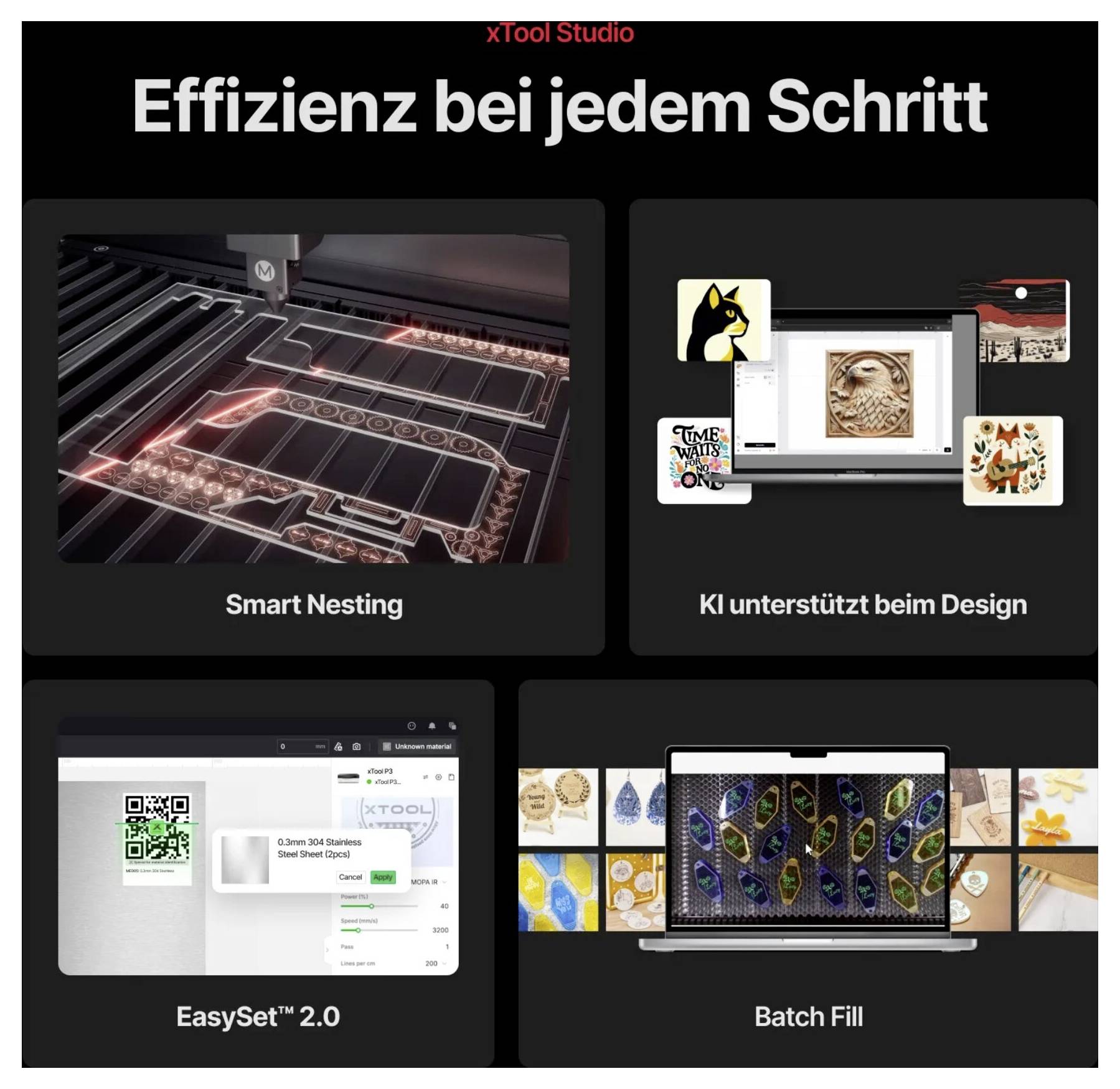 xTool Studio propagační grafika s názvem "Efektivita na každém kroku" zobrazující čtyři funkce: inteligentní vnoření, design asistovaný umělou inteligencí, EasySet 2.0 a hromadné plnění.