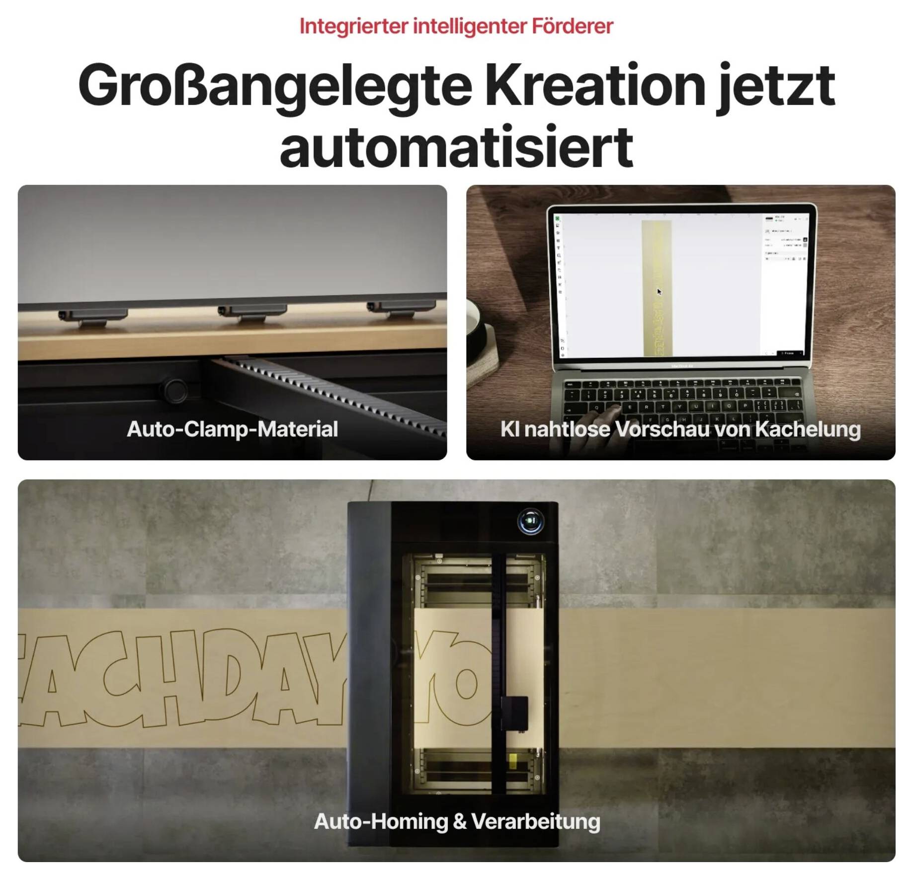 Německá propagační grafika pro integrovaný inteligentní řezací stroj, která ukazuje automatizovanou tvorbu ve velkém formátu s automatickým upínáním materiálu, náhledem dlaždic s AI a automatickým navrácením do výchozí polohy/zpracováním.