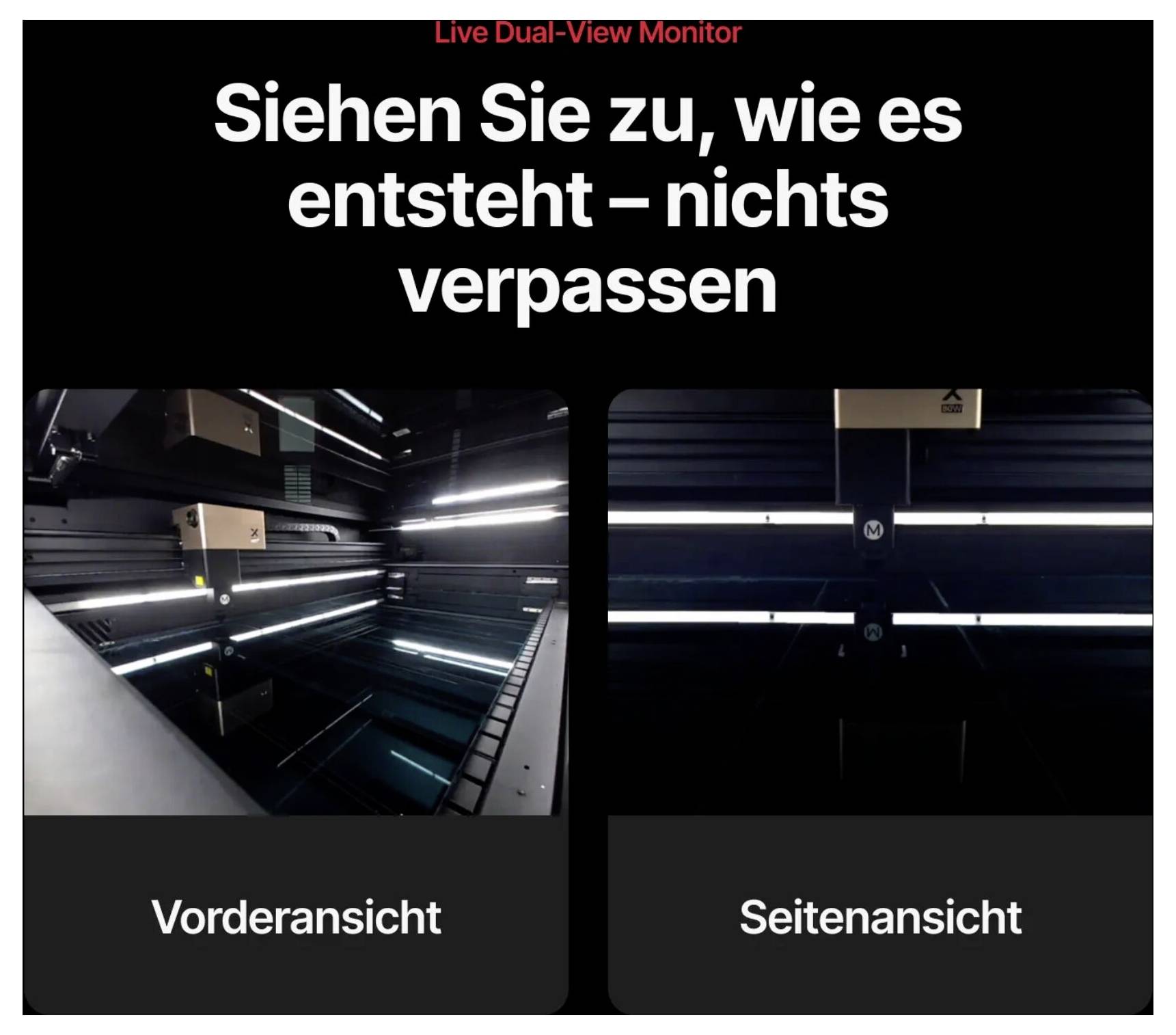 Čeština:<br><br>Propagační grafika pro "Monitor s živým duálním pohledem" s nadpisem "Sledujte, jak se to vytváří – nic nezmeškejte" a dvěma pohledy označenými "Přední pohled" a "Boční pohled" průmyslového interiéru.