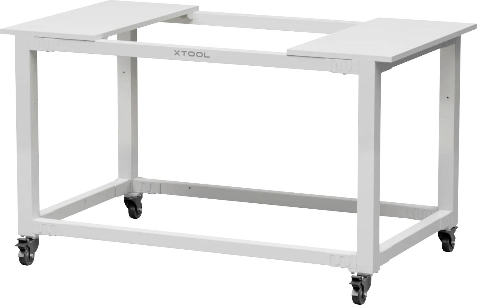 Bílý kovový pracovní stůl na kolečkách se čtyřmi otočnými kolečky a otevřeným středovým rámem, značky xTool, zobrazený na jednoduchém pozadí.