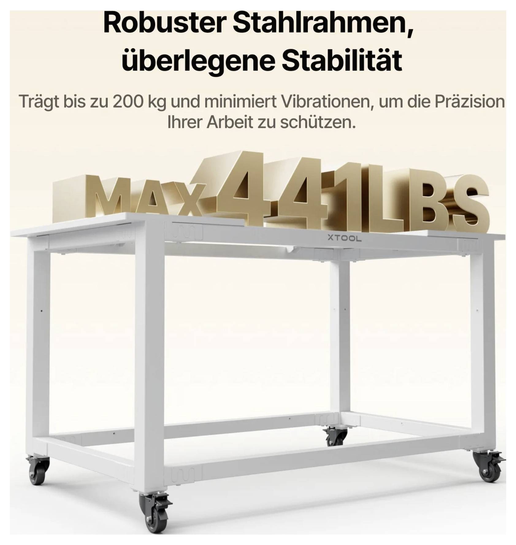 Bílý pracovní stůl XTOOL z oceli na kolečkách označený „MAX 441 LBS", propagující robustní stabilitu a nosnost až 200 kg.