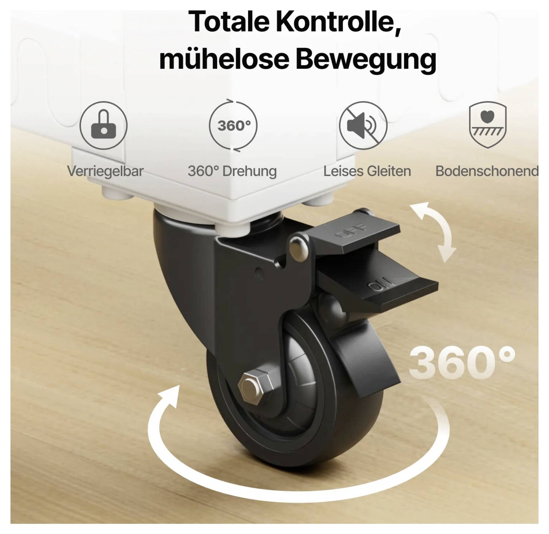 Detailní záběr otočného kolečka na nábytku se zámkem, s německým textem zdůrazňujícím '360° otáčení,' tichý posun a ochranu podlahy.