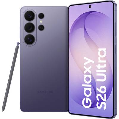 Smartphone "Samsung Galaxy S26 Ultra" v barvě fialové, se stylusem v blízkosti, zobrazený zepředu a zezadu, s více fotoaparáty na zadní straně.