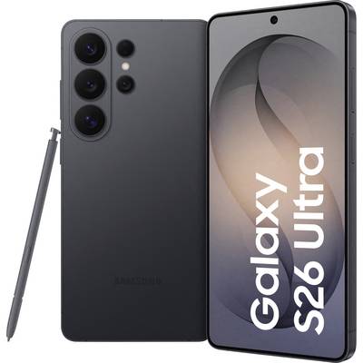 Smartphone 'Galaxy S26 Ultra' v černé barvě s S Pen, apresentující jeho elegantní design a kamerový systém.