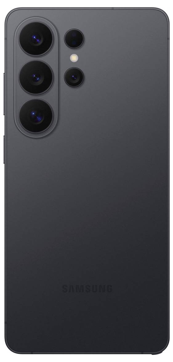 Zadní pohled na černý smartphone se několika fotoaparáty, včetně tří velkých čoček a menší, s logem "Samsung".