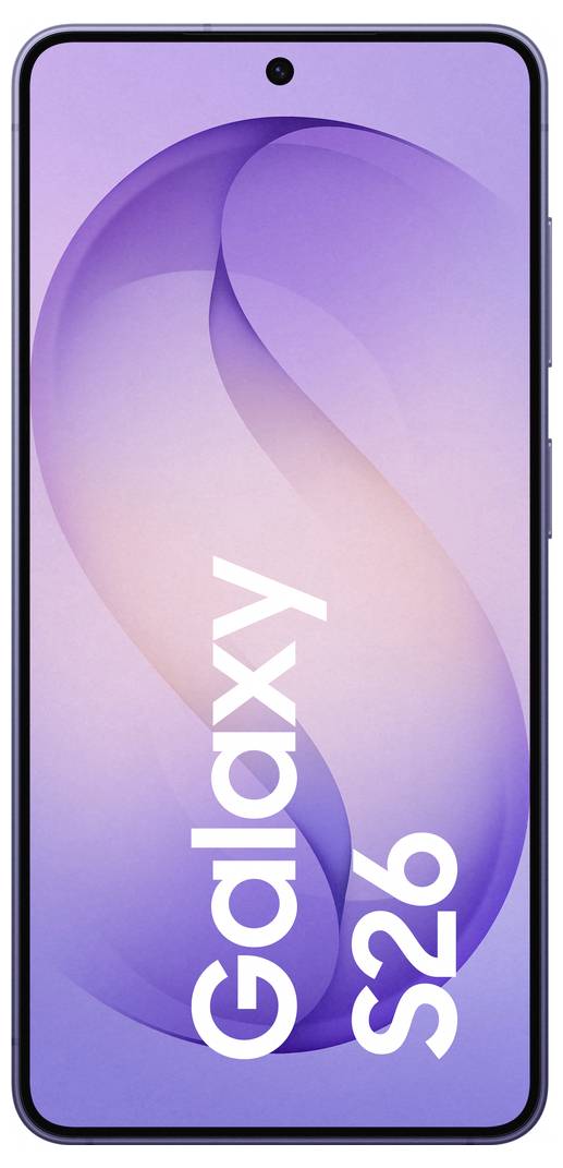 Smartphone s velkým displejem zobrazující text 'Galaxy S26' na obrazovce na fialovém pozadí.