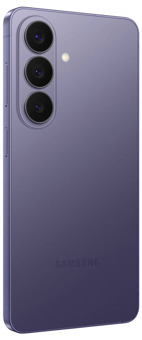 Fialový chytrý telefon se třemi zadními fotoaparáty uspořádanými ve svislé řadě a bleskem, prezentující elegantní a moderní design.
