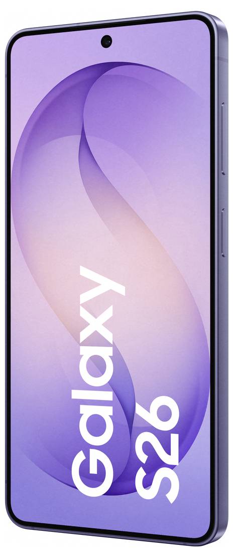 Chytrý telefon "Samsung Galaxy S26" se stylovým designem a obrazovkou od okraje k okraji, na které je zobrazeno jméno modelu bílou barvou na fialovém gradientním pozadí.