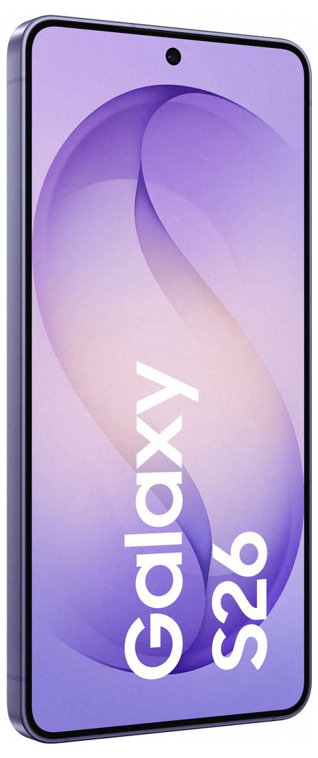 Smartphone zobrazující text „Galaxy S26" přes fialový přechodový displej, zdůrazňující moderní design a značku.