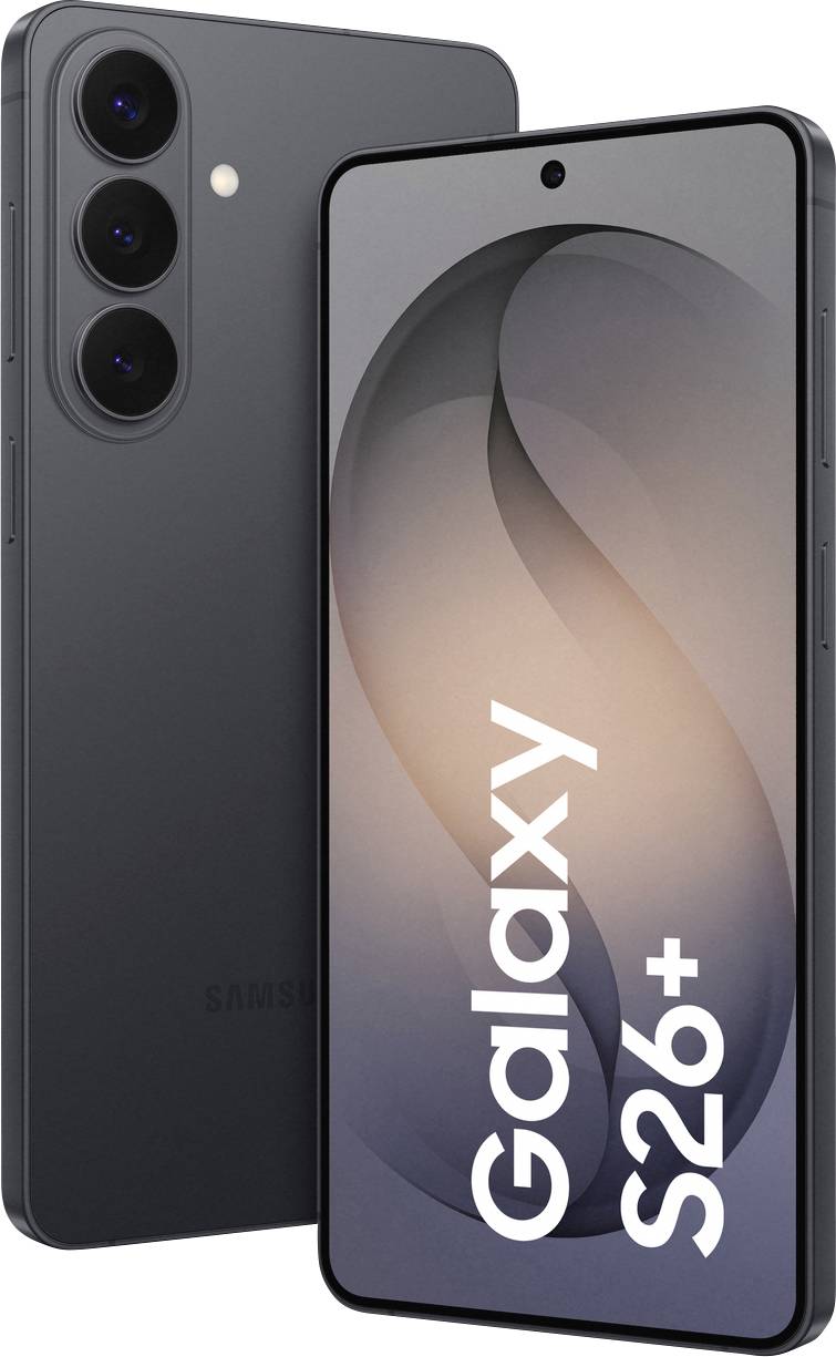 Elegantní černý smartphone se třemi zadními kamerami a obrazovkou zobrazující nápis "Galaxy S26+" tučným písmem, předvádějící moderní design.
