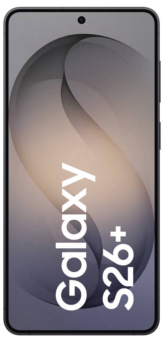 Smartphone s displejem zobrazujícím text „Galaxy S26+". Pozadí obsahuje stylizovaný design „S" v šedých tónech.