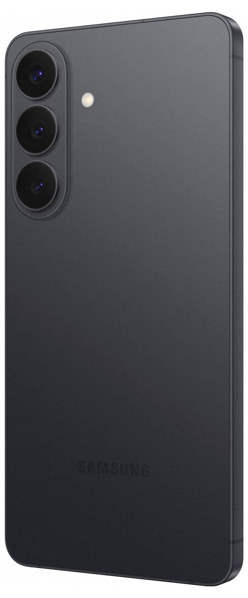 Elegantní černý smartphone se třemi zadními fotoaparáty a bleskem, prezentující minimalistický design.