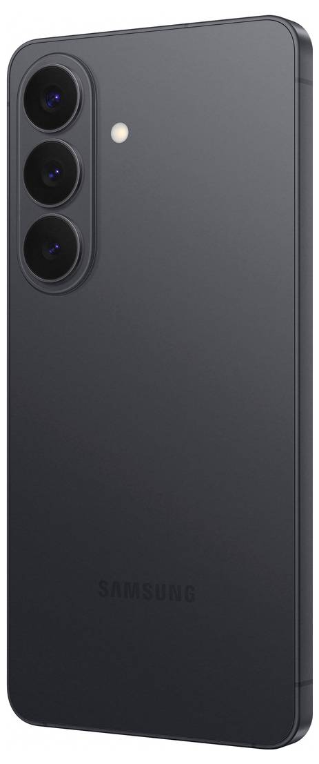 Elegantní černý chytrý telefon se třemi zadními kamerami a bleskem uspořádanými vertikálně na zadní straně, zobrazující logo Samsung.