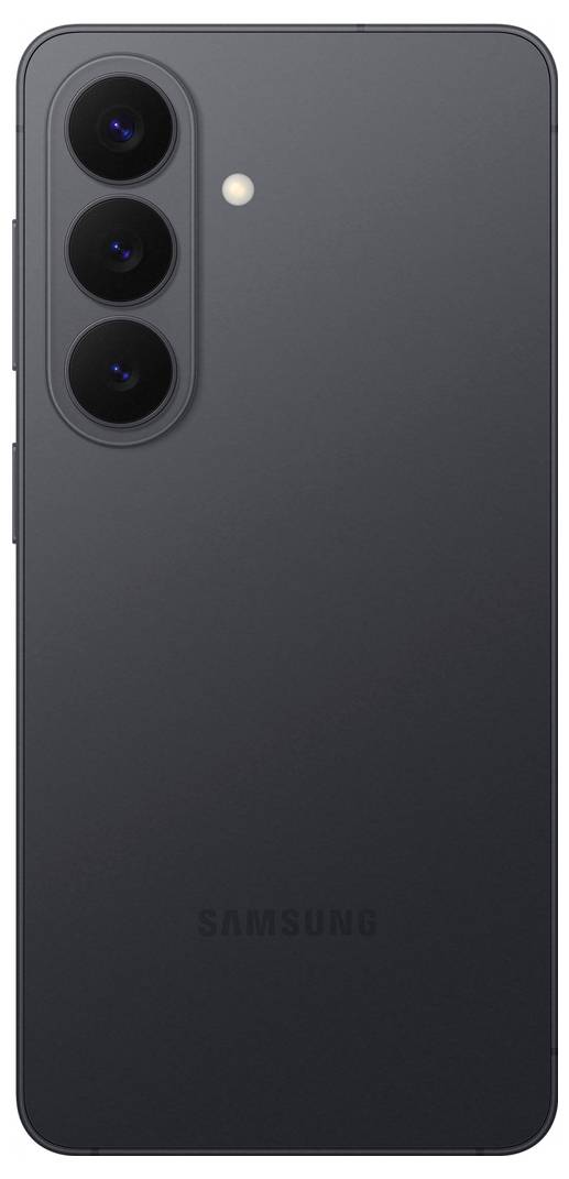 Bílý smartphone s trojitou kamerou svisle zarovnanou na zadní straně, doplněný bleskem. Pod ní se zobrazuje jemné označení "Samsung".