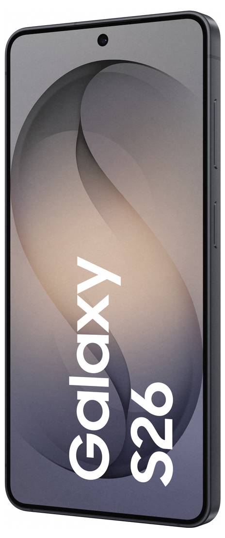 Smartphone Samsung Galaxy S26 s elegantním černým designem, vybavený velkým displejem a textem "Galaxy S26" bílé barvy na obrazovce.