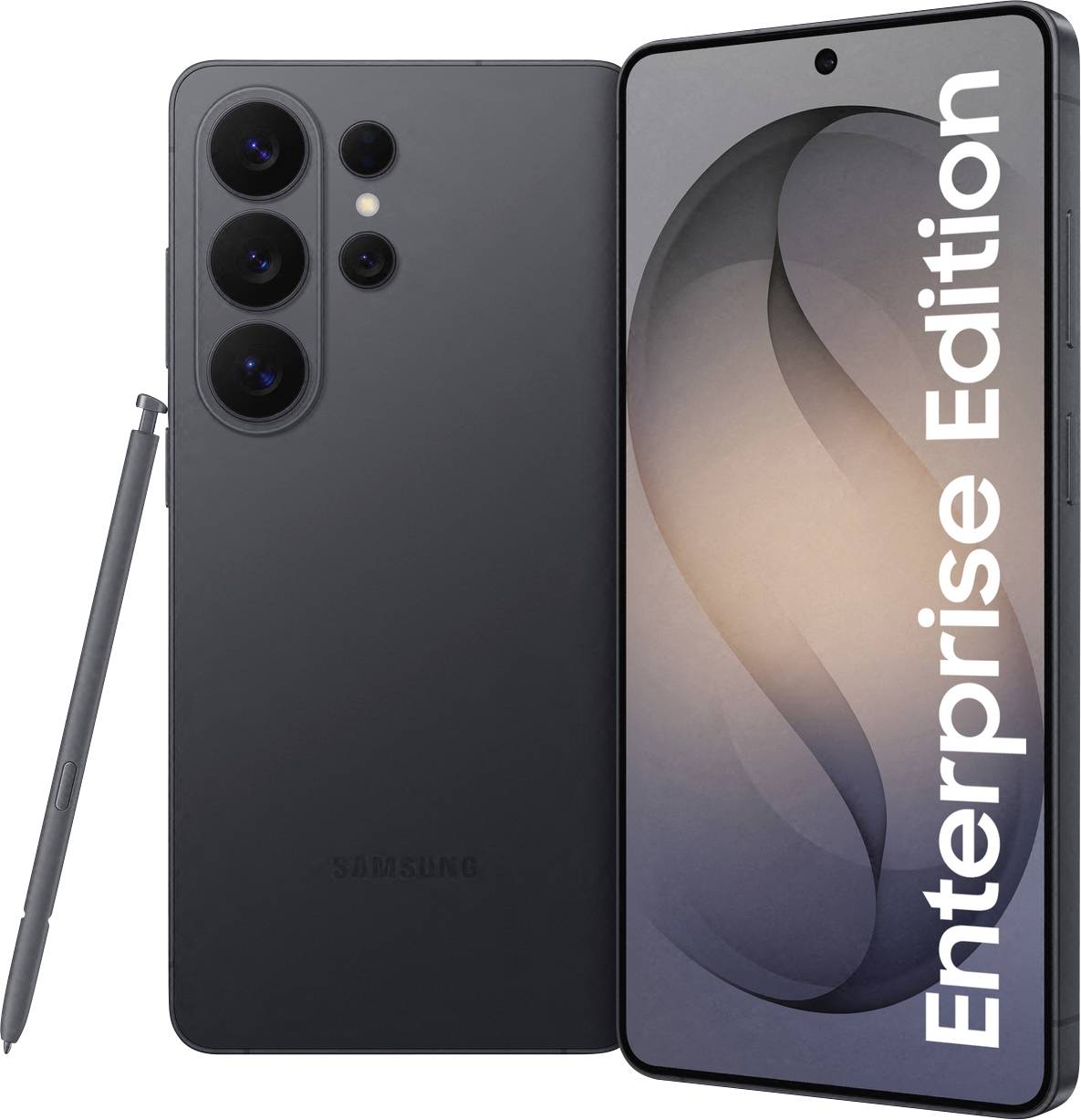 Smartphone s nopisem "Enterprise Edition" na obrazovce vedle S Pen, prezentující elegantní černý design.