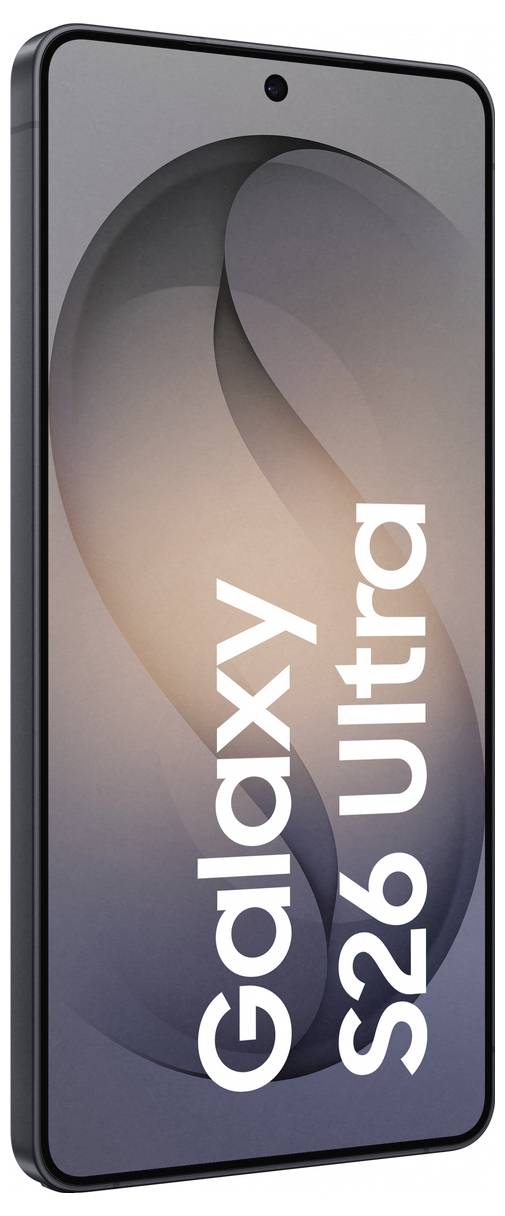 Elegantní smartphone s velkým displejem od kraje k okraji, na kterém je napsáno „Galaxy S26 Ultra". Telefon má tenký rámeček a moderní design.
