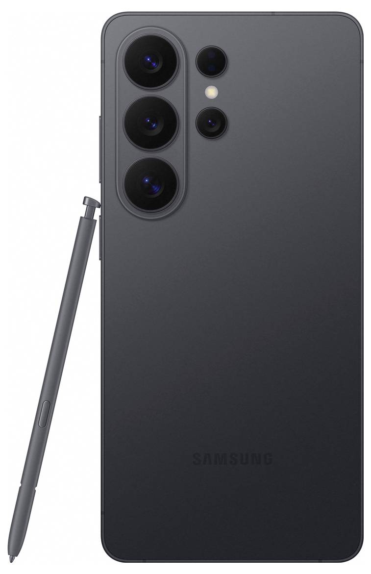 Elegantní černý smartphone s více zadními fotoaparáty a doprovodným stylusem, design připomínající moderní prémiová mobilní zařízení.