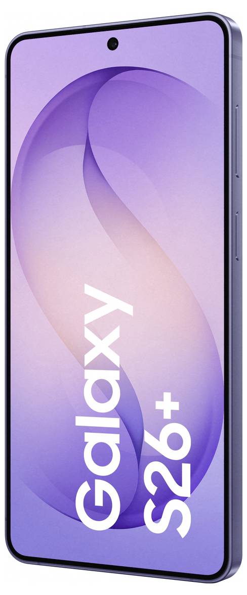 Chytrý telefon s fialovým gradientem na obrazovce, na kterém je text „Galaxy S26+". Přední kamera je umístěna ve středu horního okraje.
