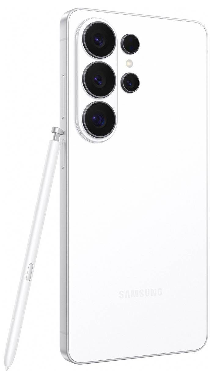 Bílý smartphone se třemi zadními fotoaparáty a přilehlým stylusem, pohled zezadu.