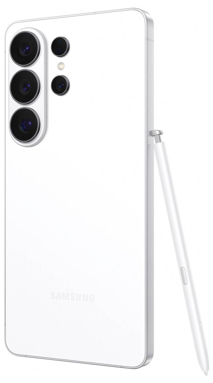 Bílý smartphone se třemi zadními fotoaparáty, LED bleskem a stylus perem na straně, který prezentuje elegantní a minimalistický design.