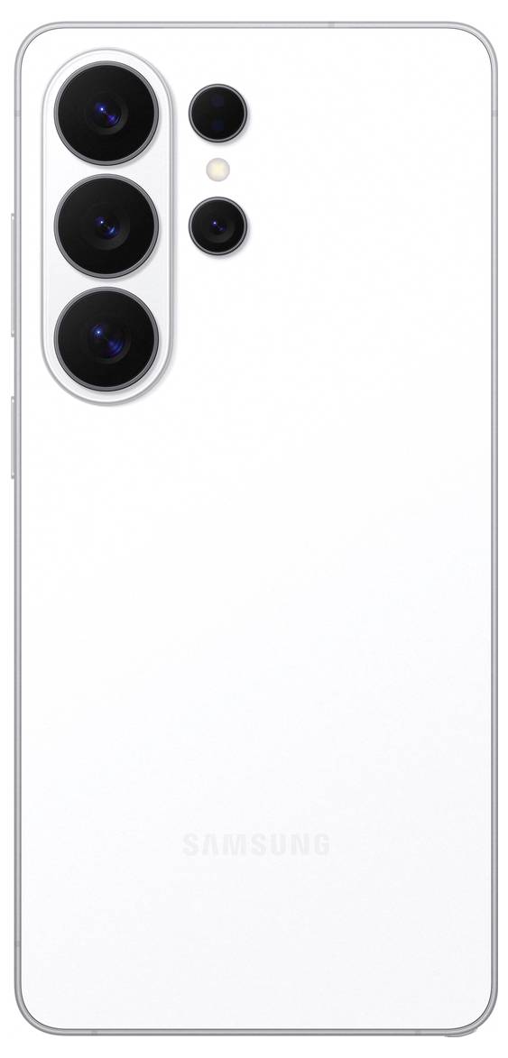Bílý smartphone se čtyřmi objektivy fotoaparátu a logem Samsung na zadní straně.