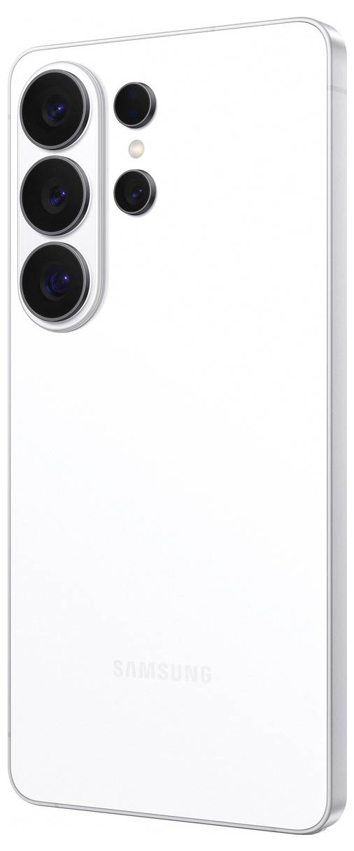 Bílý smartphone se třemi zadními kamerami a minimalistickým designem, ukazující zadní pohled.