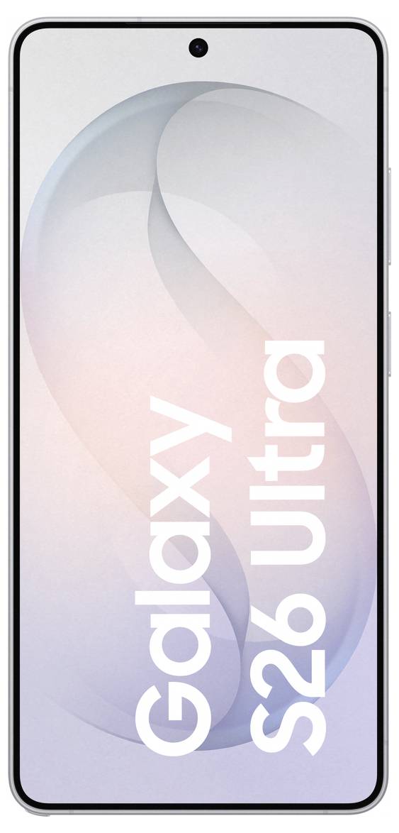 Chytrý telefon s velkým displejem zobrazujícím abstraktní pastelové barvy. Text 'Galaxy S26 Ultra' se na obrazovce zobrazuje vertikálně.