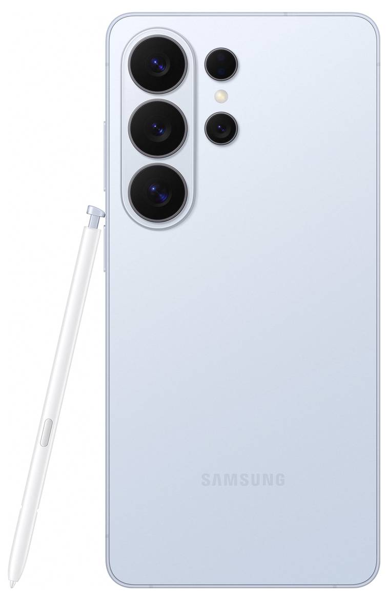 Světle modrý smartphone se čtyřmi zadními kamerami a stylusem. Na zadní straně je viditelné logo Samsung.