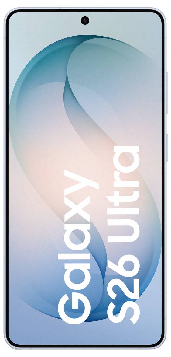 Přední pohled na smartphone se obrazovkou zobrazující velký design 'S' a text 'Galaxy S26 Ultra' velkými bílými písmeny.