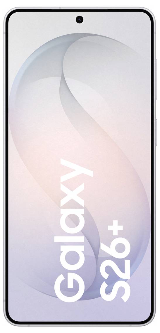 Chytrý telefon zobrazující text "Galaxy S26+" na obrazovce, s elegantním designem a jemným gradientním pozadím.