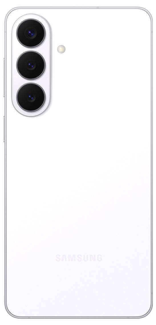 Bílý smartphone je zobrazen zezadu s trojitou kamerovou sadou a malým logem blízko spodního středu.