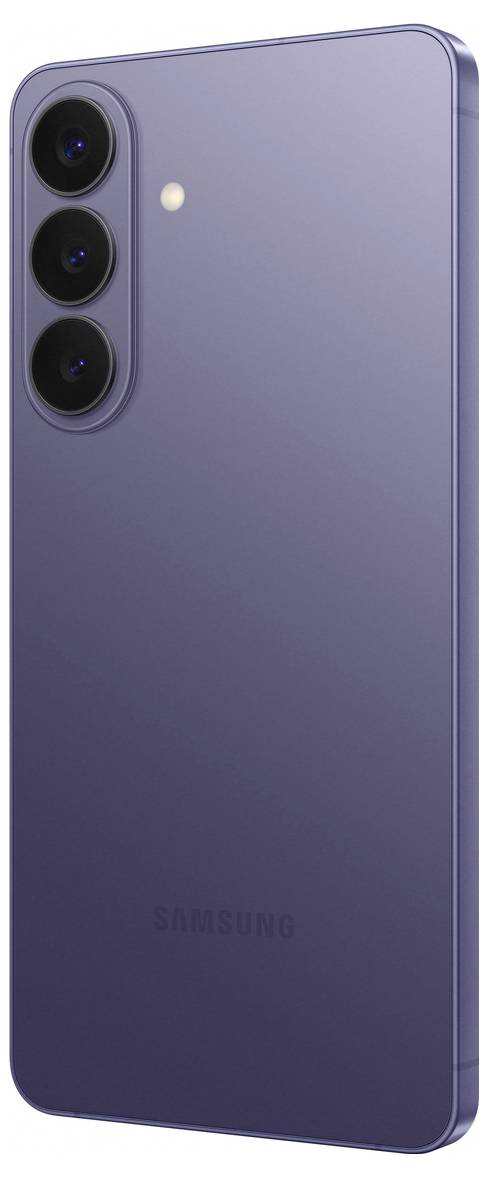 Smartphone se elegantním designem s trojitým fotoaparátem a LED bleskem v levém horním rohu. Jedná se o moderní telefon s matným fialovým povrchem.