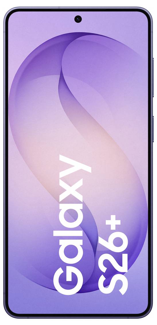 Smartphone displej zobrazující fialový abstraktní design s textem „Galaxy S26+" překrývajícím jej.