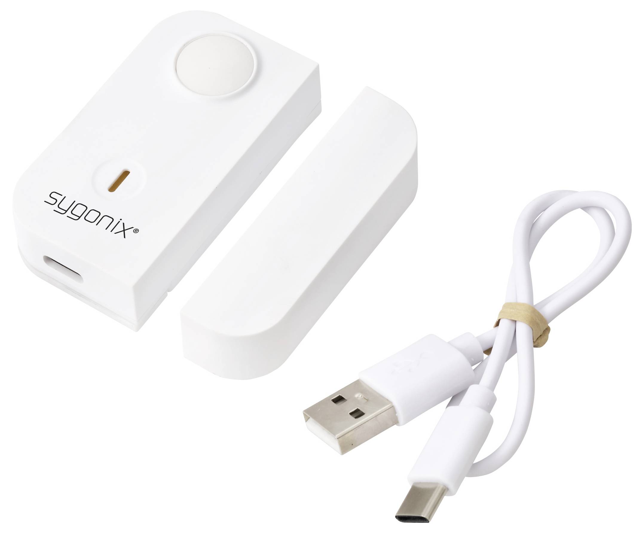 Bílý senzor kontaktu na dveře/okna Syonix se samostatným magnetickým páskem a USB nabíjecím kabelem na bílém pozadí.