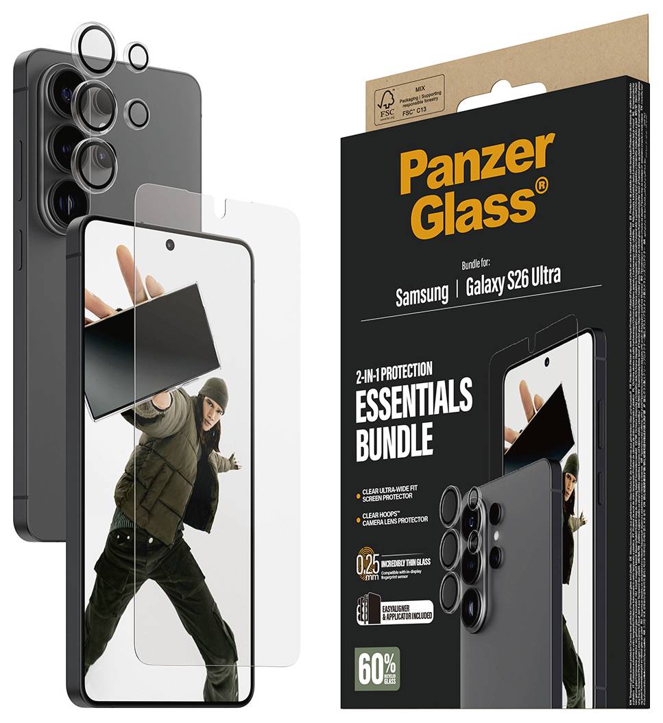 Balíček 'PanzerGlass Essentials Bundle' pro Samsung Galaxy S26 Ultra, obsahující ochranné sklo na displej a ochranné sklo na objektiv, určený k zvýšené ochraně zařízení.